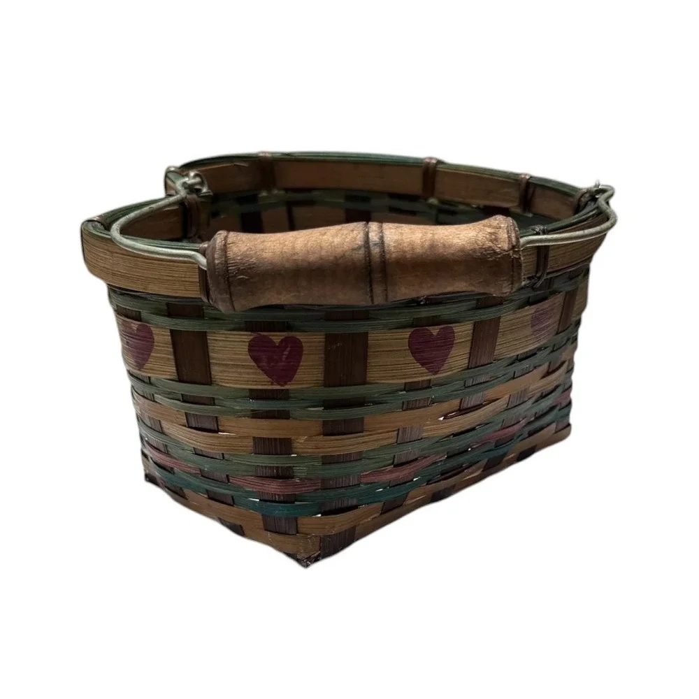 Vintage Heart Shaped Woven Basket Wood Handle Primitive Farmhouse Cottage Decor
